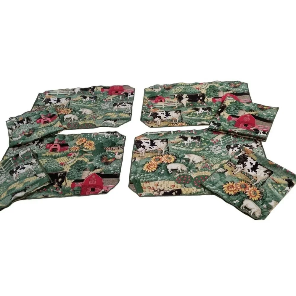 Vintage Set of 4 Placemats Napkins‎ Farm Farmhouse Decor Barn Cows Sunflowers